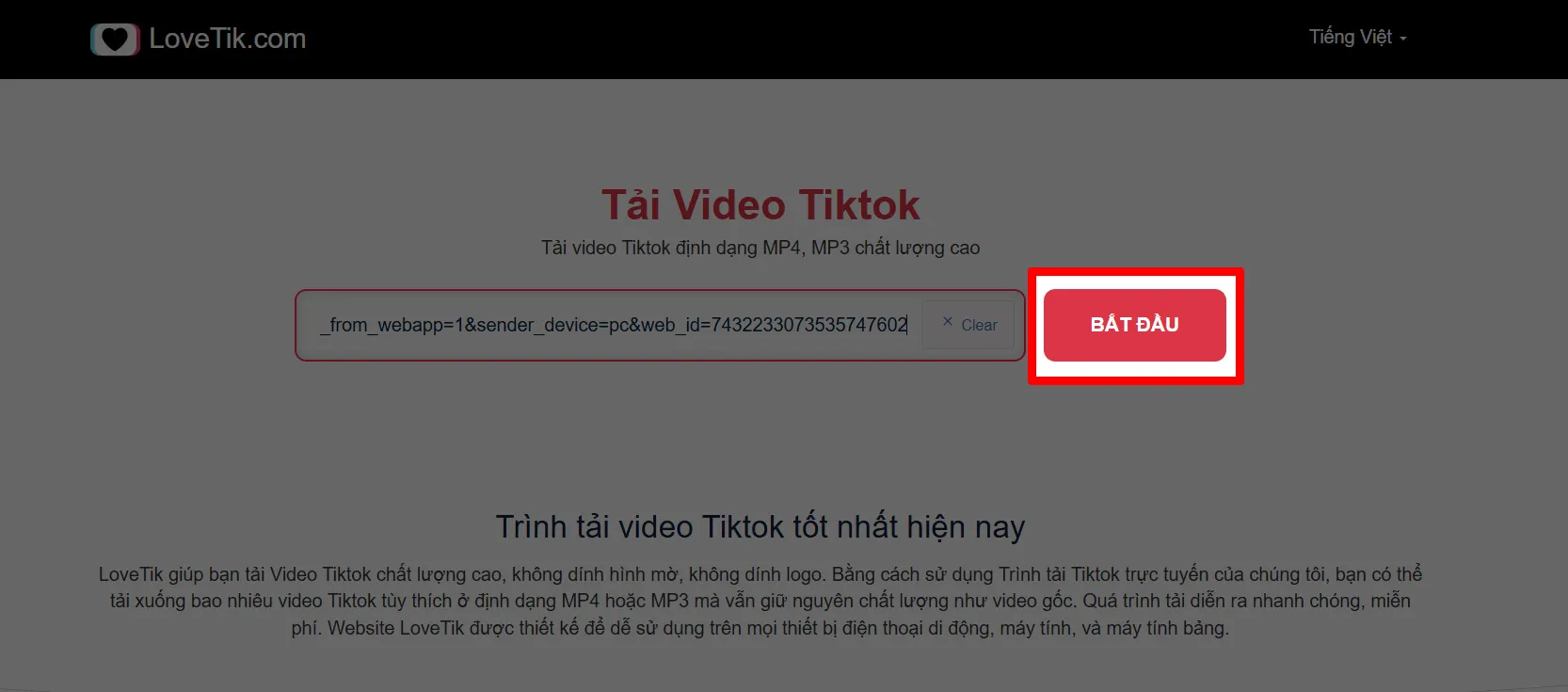 Dán link TikTok vào LoveTik để tải video