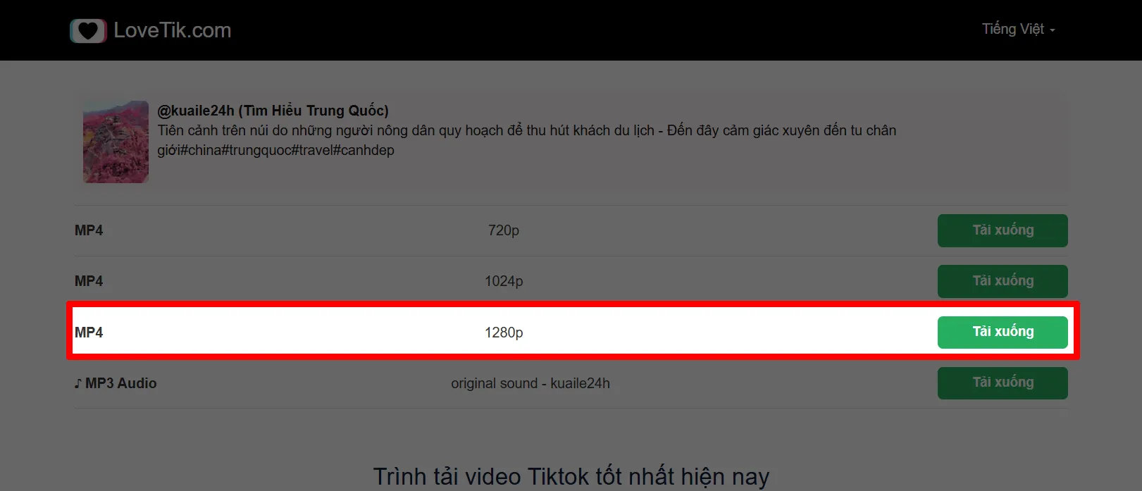 Tải video TikTok không logo từ LoveTik về máy tính