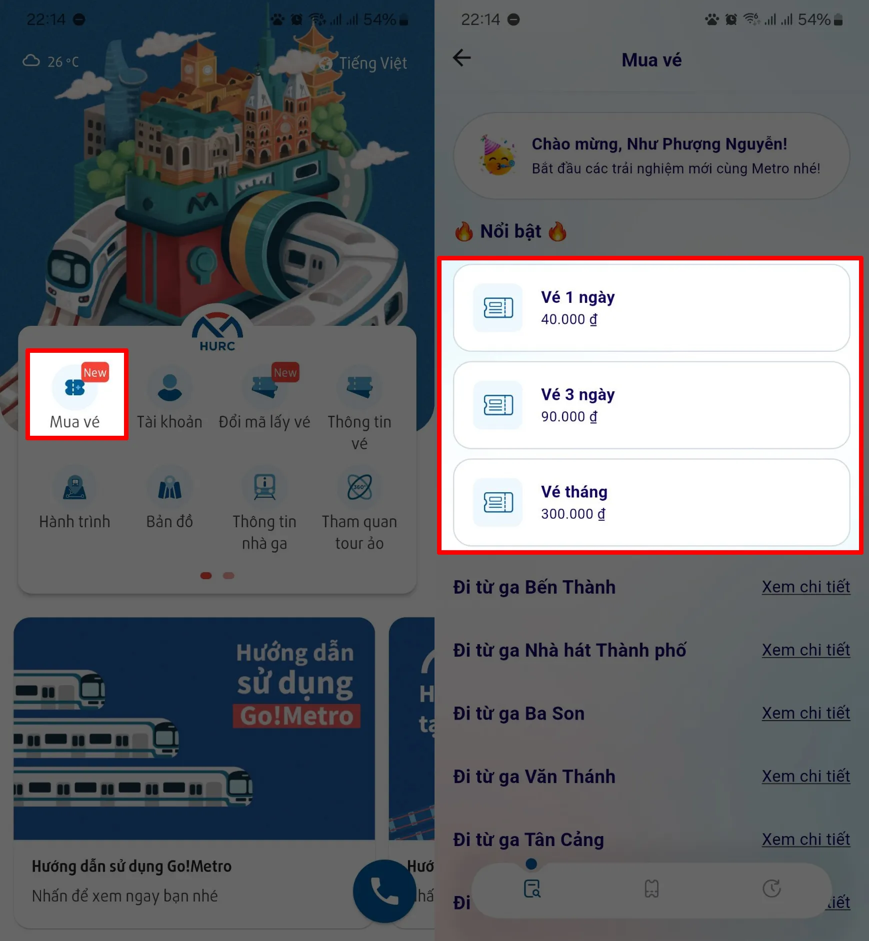 Lựa chọn mua vé ngày hoặc vé tháng trên ứng dụng HCMC