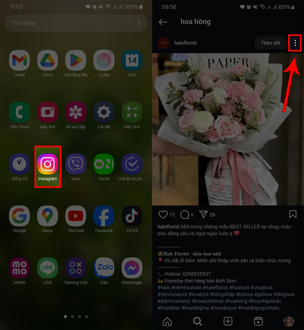 Mở ứng dụng Instagram và chọn biểu tượng ba chấm