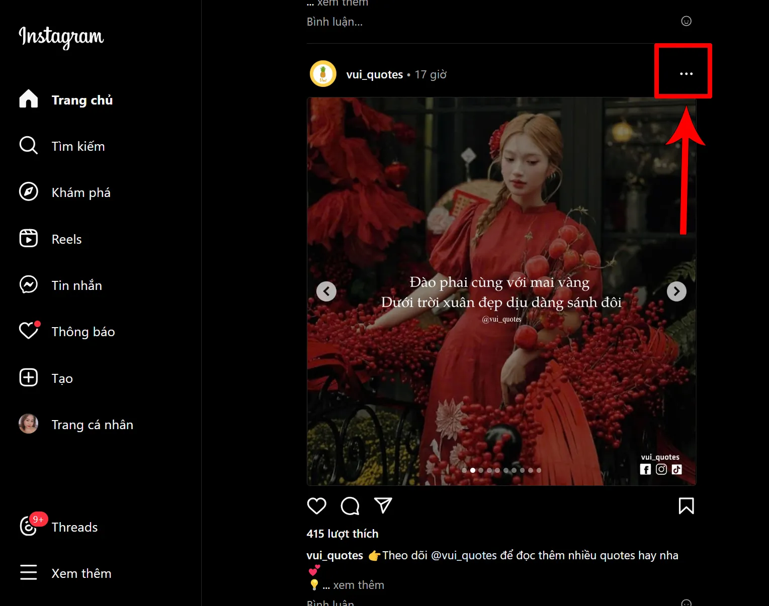 Mở menu tùy chọn trên Instagram