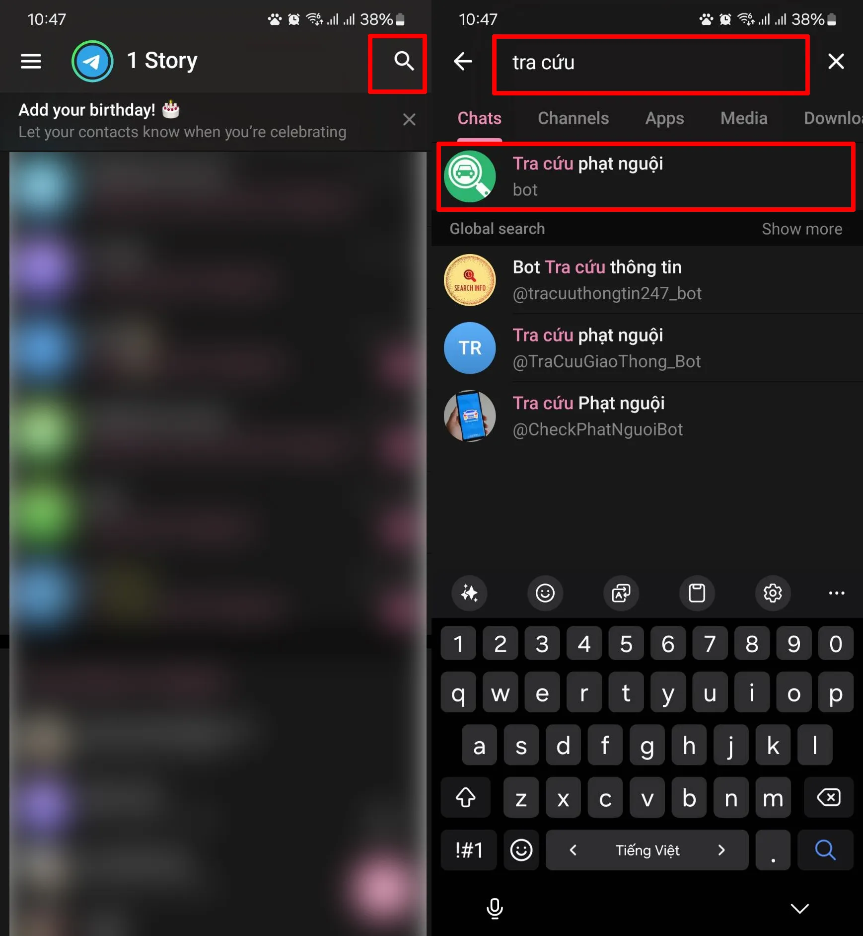 Mở ứng dụng Telegram và tìm kiếm bot tra cứu phạt nguội.