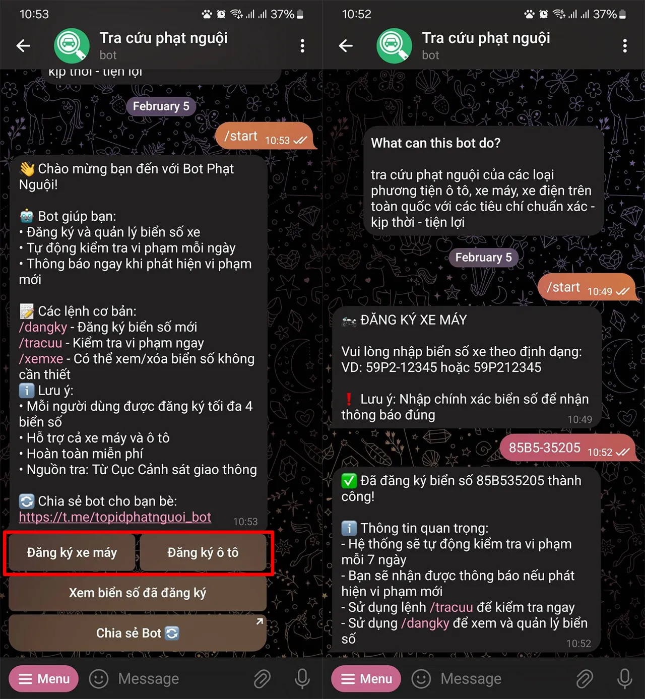 Đăng ký biển số xe để nhận thông báo phạt nguội tự động trên Telegram.