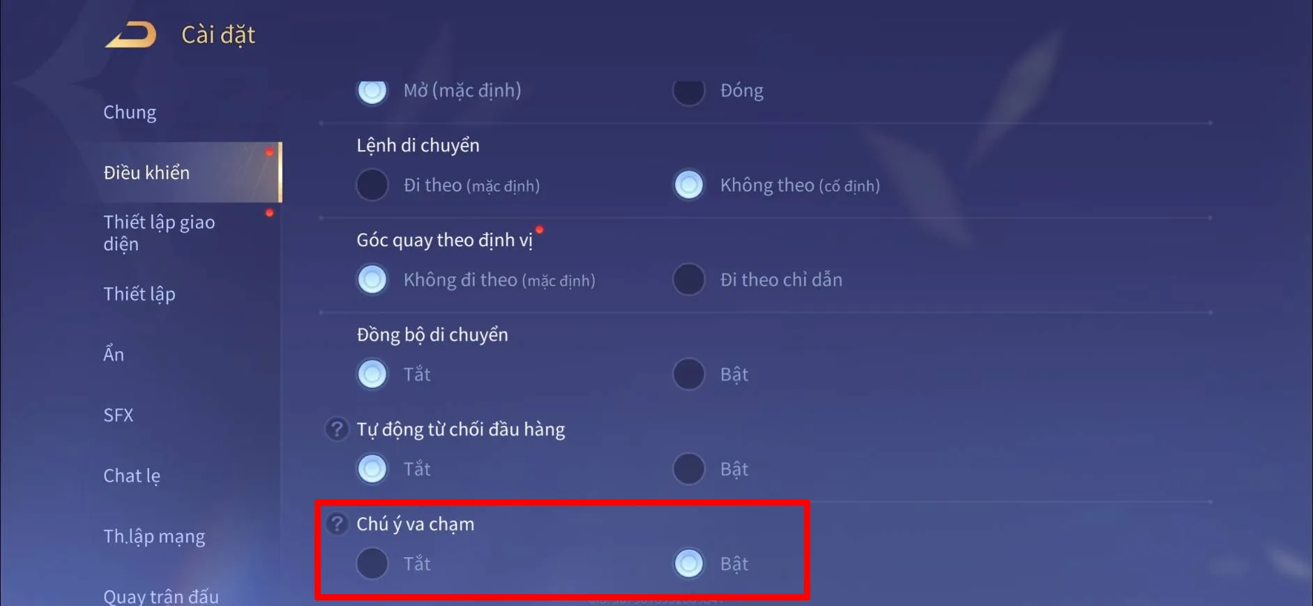 Bật tính năng chú ý va chạm trong Liên Quân