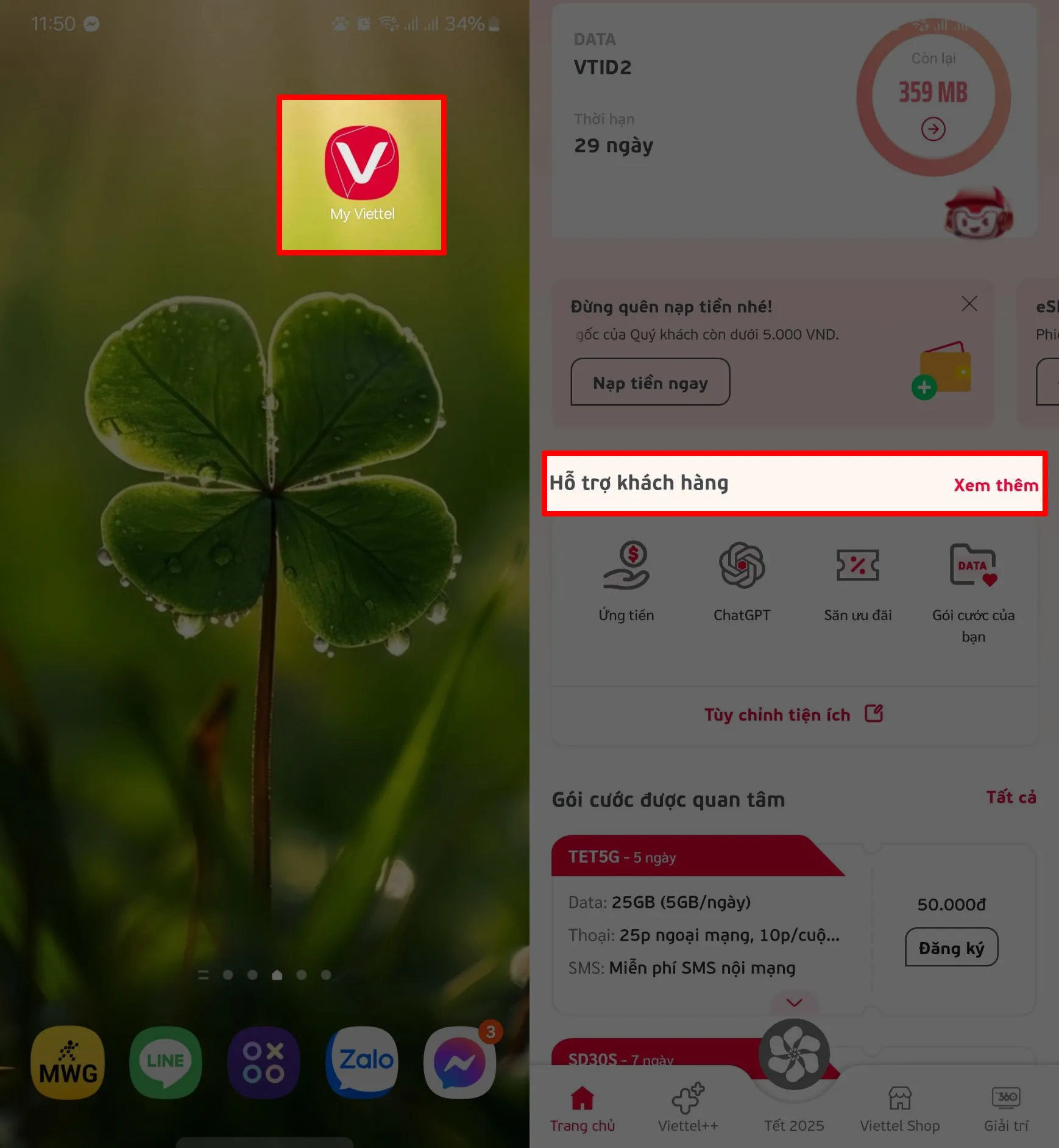 Mở mục Hỗ trợ Khách hàng trên ứng dụng My Viettel